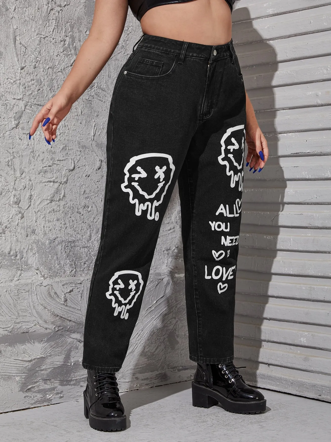 Graphic Zipper High Waist Long Plus Size Jeans