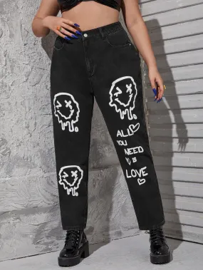 Graphic Zipper High Waist Long Plus Size Jeans