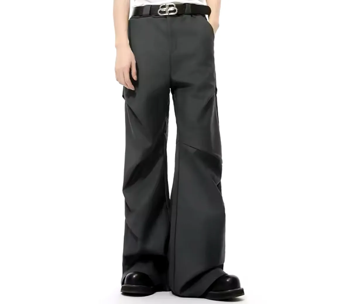 Gray Pleated Baggy Trousers