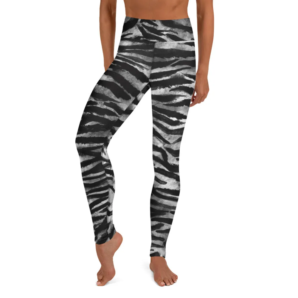 Grey Tiger Yoga Leggings, Gray Tiger Striped Animal Print Women's Long Yoga Pants-Made in USA/EU