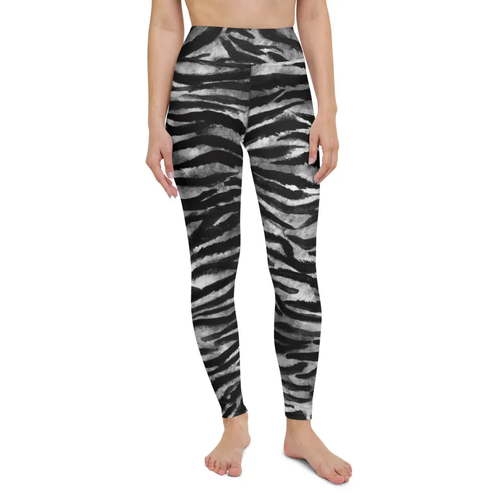 Grey Tiger Yoga Leggings, Gray Tiger Striped Animal Print Women's Long Yoga Pants-Made in USA/EU