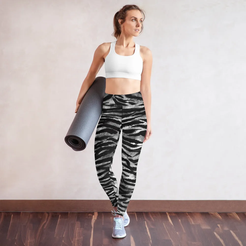 Grey Tiger Yoga Leggings, Gray Tiger Striped Animal Print Women's Long Yoga Pants-Made in USA/EU