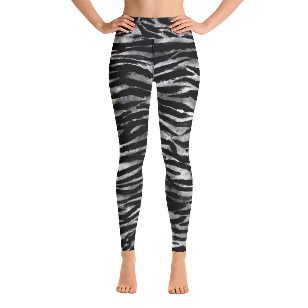 Grey Tiger Yoga Leggings, Gray Tiger Striped Animal Print Women's Long Yoga Pants-Made in USA/EU