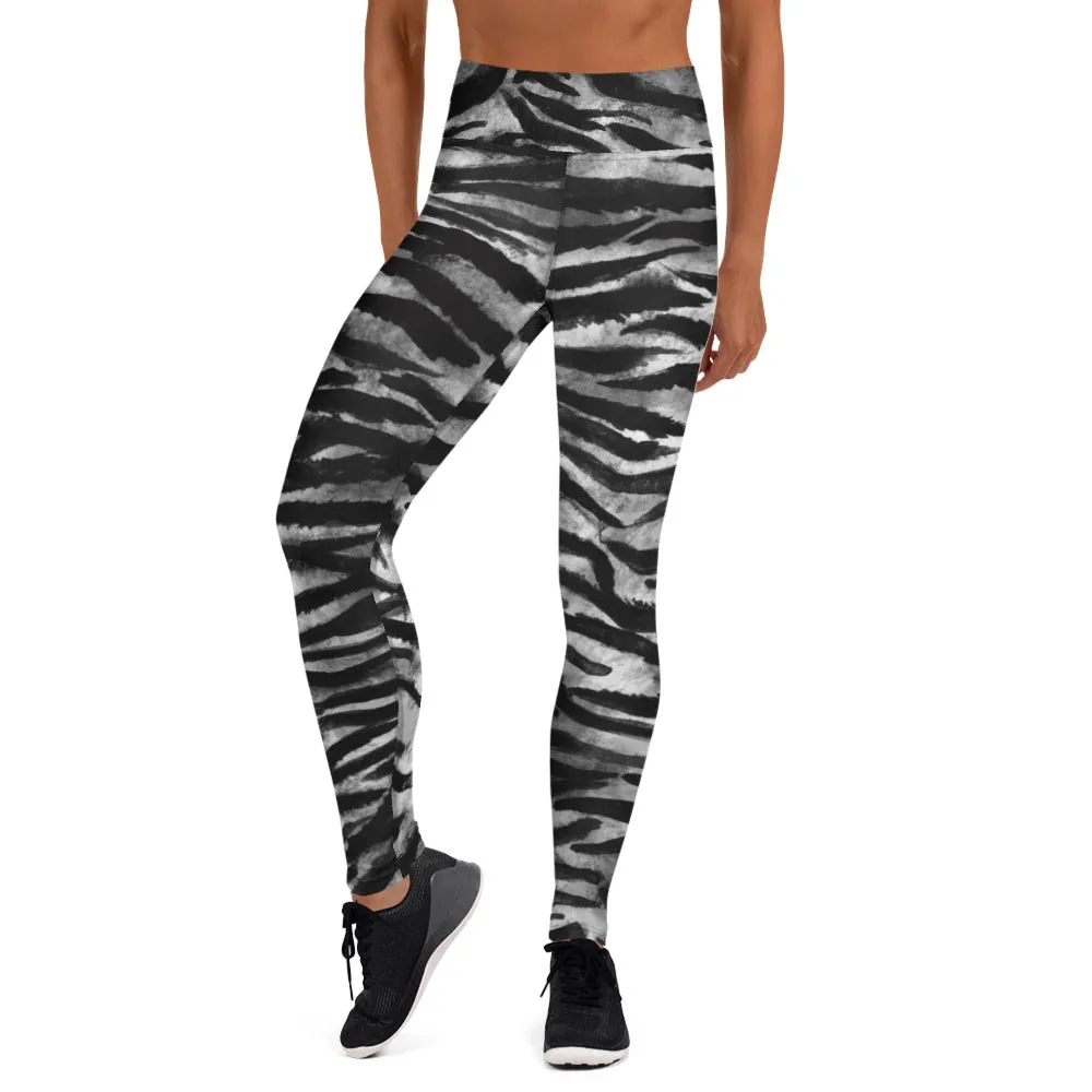 Grey Tiger Yoga Leggings, Gray Tiger Striped Animal Print Women's Long Yoga Pants-Made in USA/EU