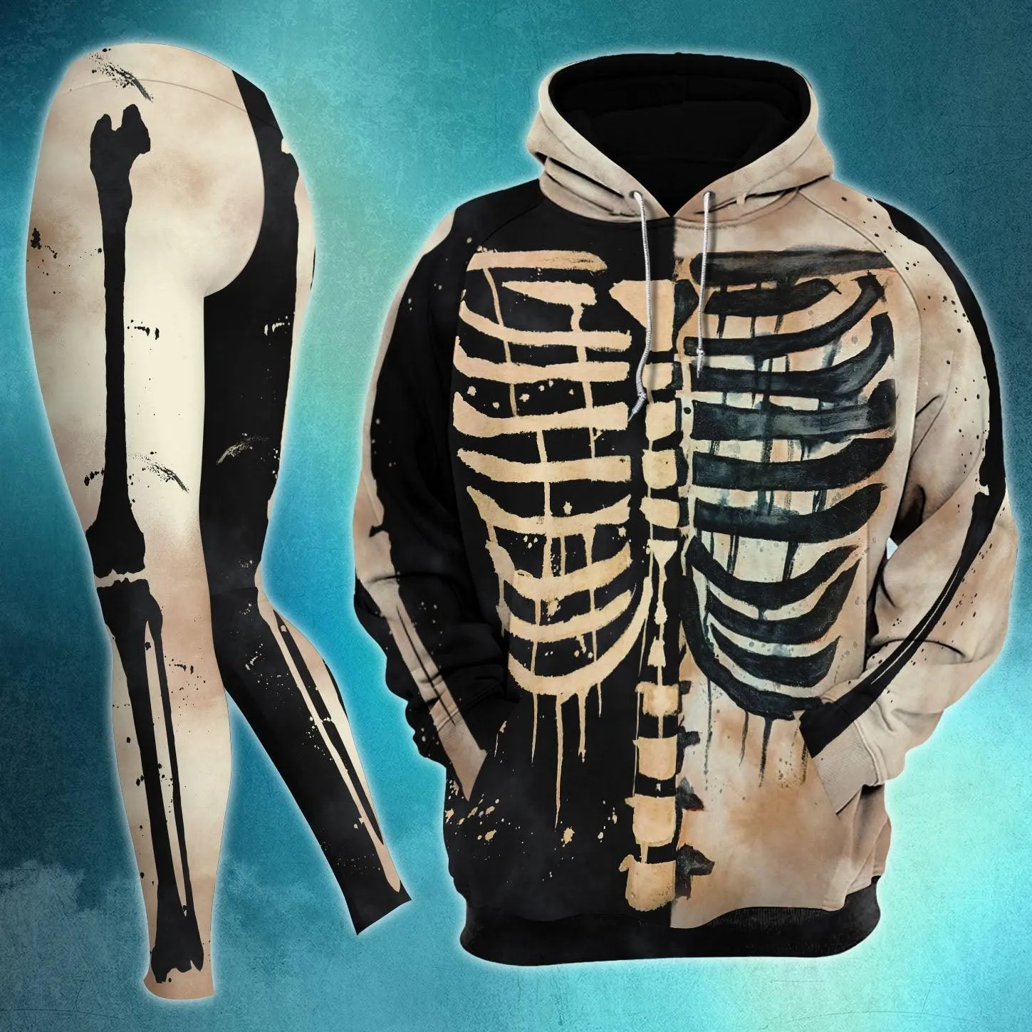 Half Black Skull Bones Combo Hoodie and Leggings