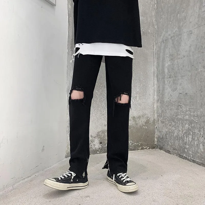 High street fashion brand hip-hop jeans men's trend Korean version of the trend black hole beggar pants