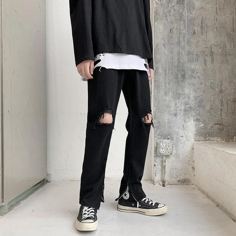 High street fashion brand hip-hop jeans men's trend Korean version of the trend black hole beggar pants