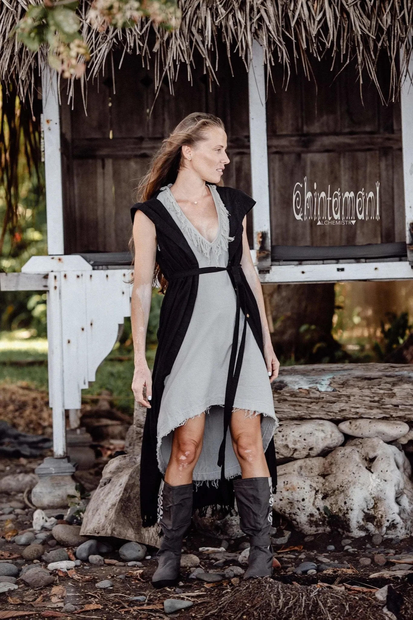 Hooded Sleeveless Shirt Dress / Boho Fringe Tunic Vest / Chakruna Black