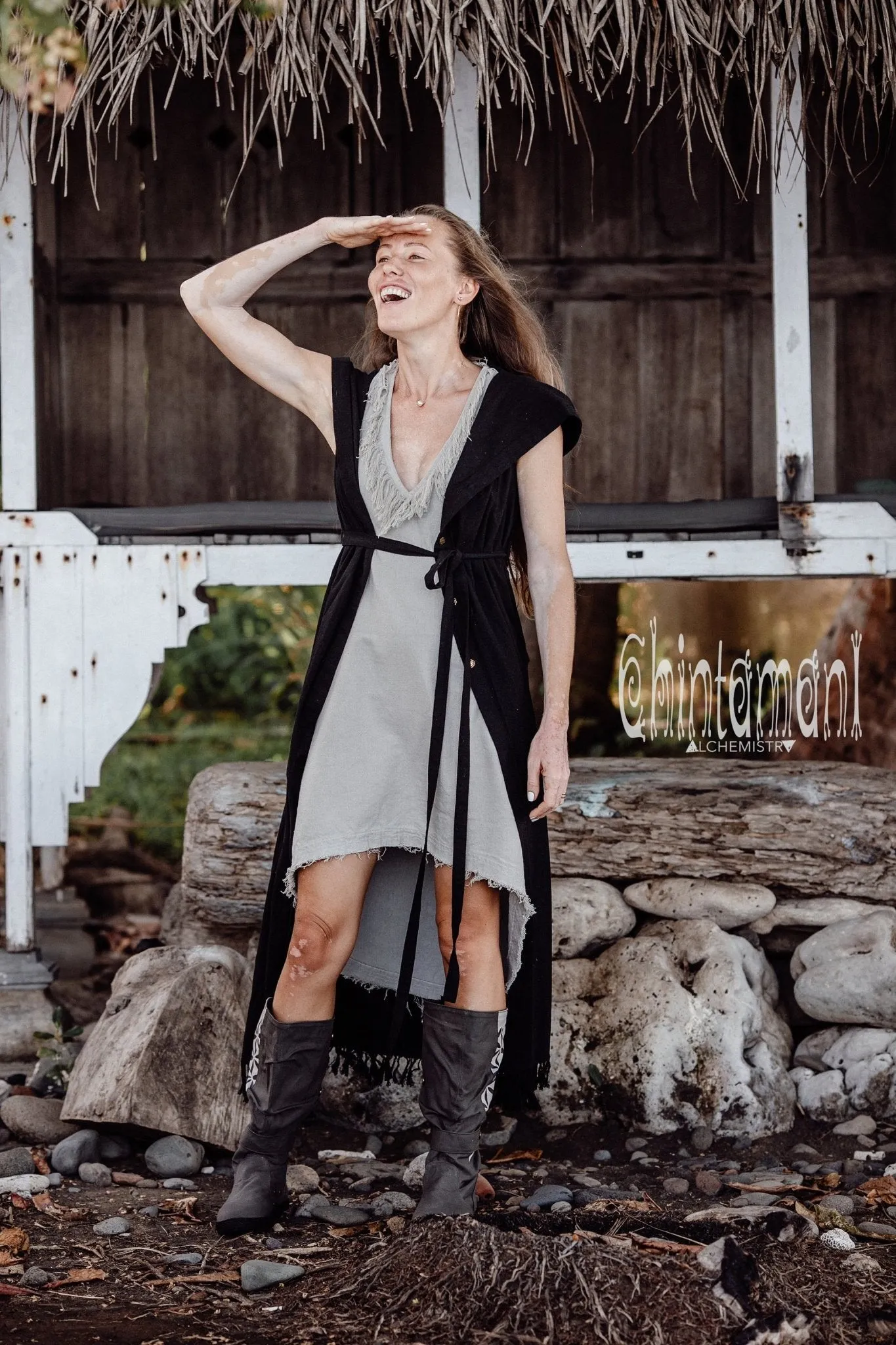 Hooded Sleeveless Shirt Dress / Boho Fringe Tunic Vest / Chakruna Black