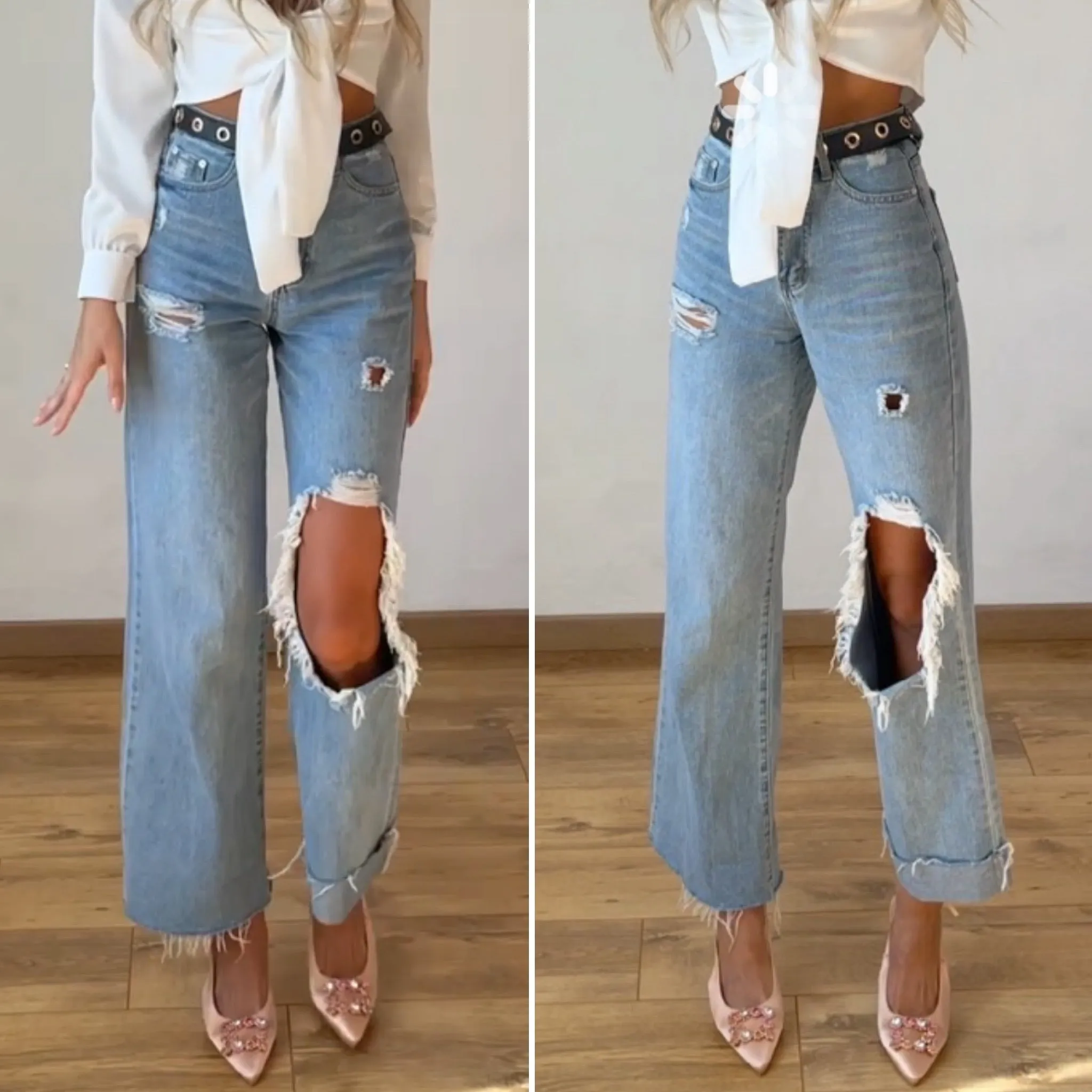 Jeans con maxi spacco e risvolto