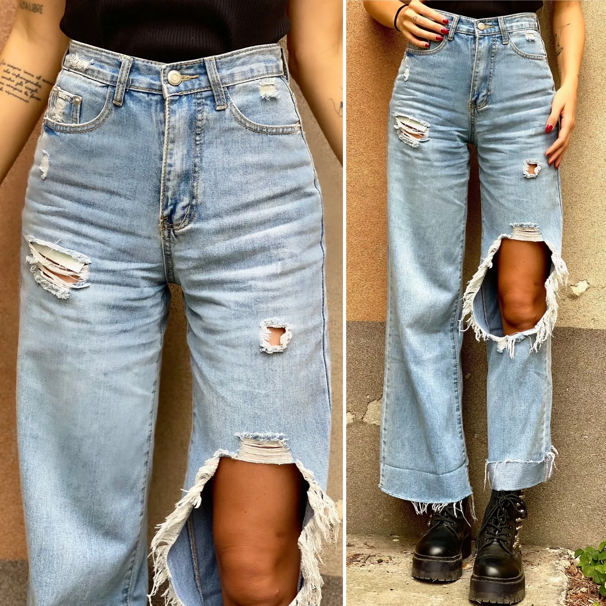 Jeans con maxi spacco e risvolto