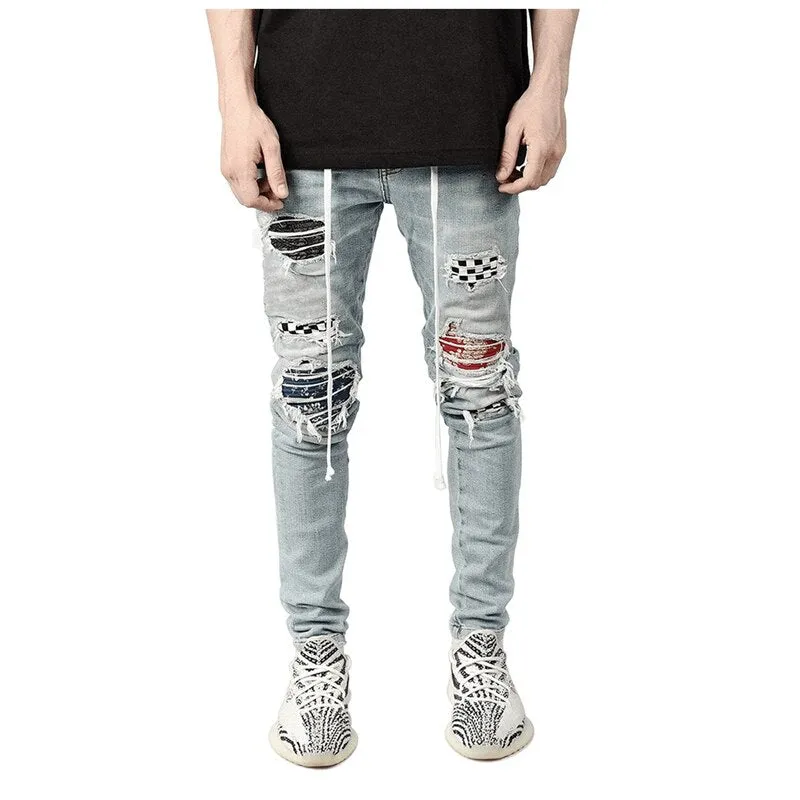 Jinquedai  Jeans Men's Letter Embroidery Ripped Holes Straight Retro Punk Pants Fashionable Hip-hop Streetwear Men S-3XL