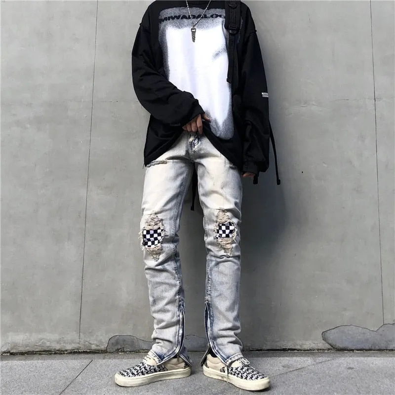 Jinquedai  Jeans Men's Letter Embroidery Ripped Holes Straight Retro Punk Pants Fashionable Hip-hop Streetwear Men S-3XL