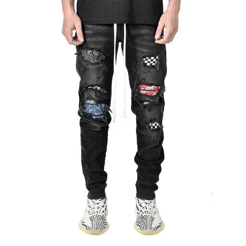 Jinquedai  Jeans Men's Letter Embroidery Ripped Holes Straight Retro Punk Pants Fashionable Hip-hop Streetwear Men S-3XL