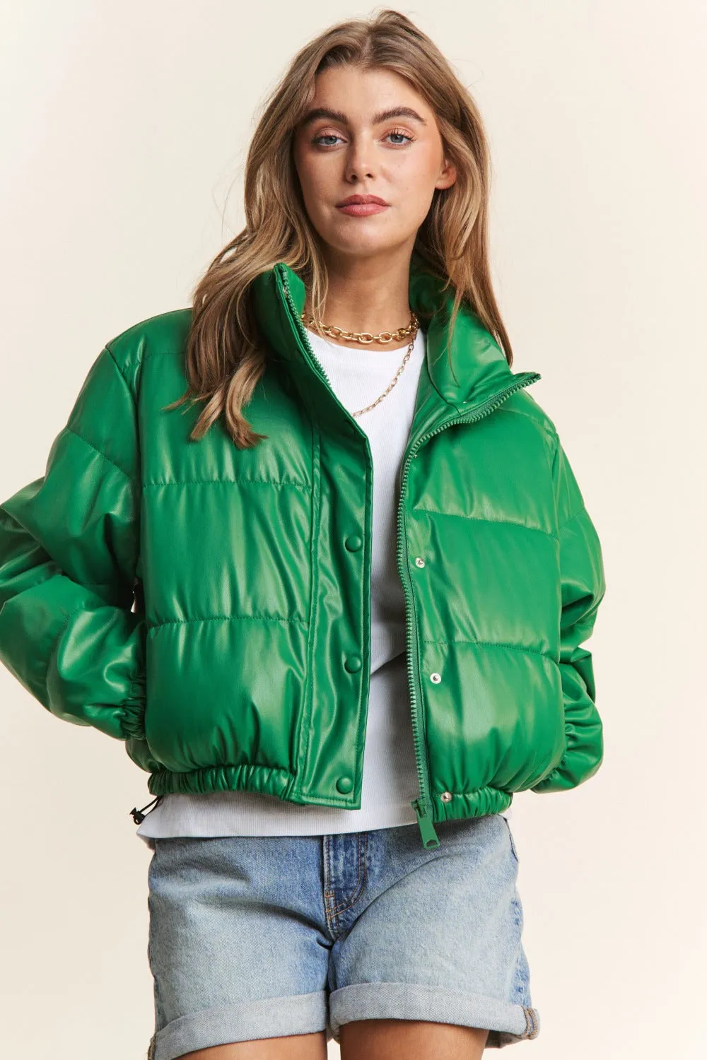 J.NNA Turtleneck Snap and Zipper Closure Crop Puffer Jacket