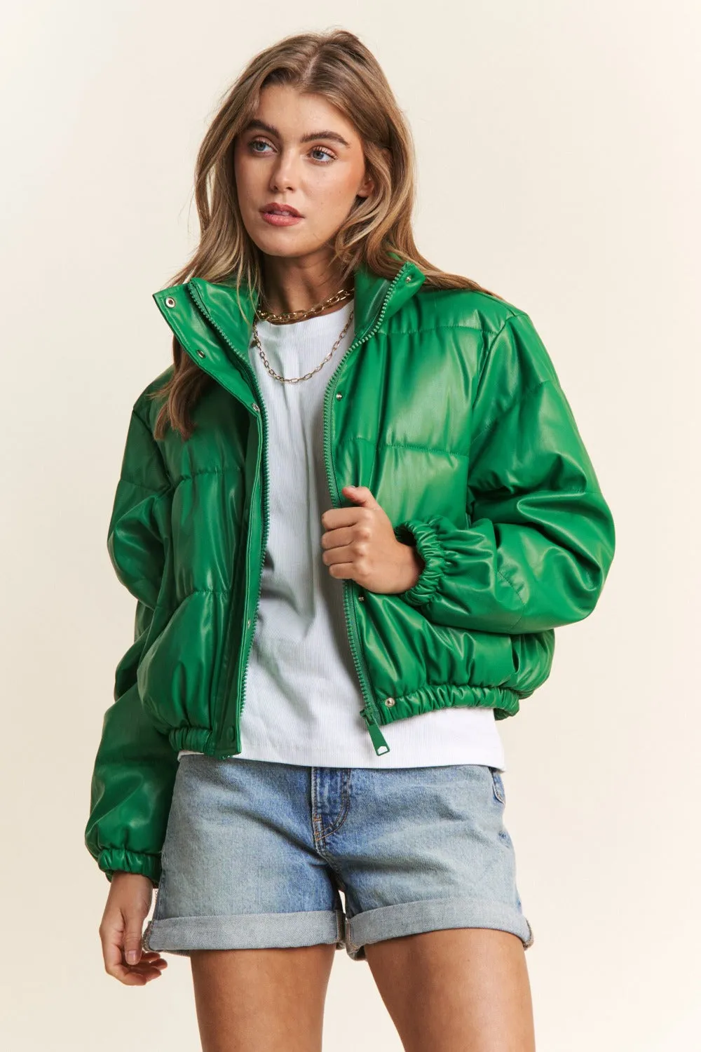 J.NNA Turtleneck Snap and Zipper Closure Crop Puffer Jacket