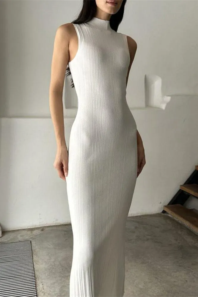 Knitted turtleneck sleeveless slim maxi dress