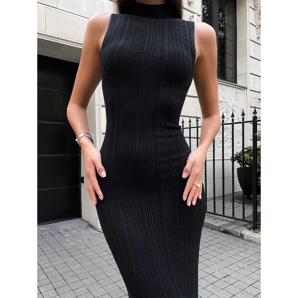 Knitted turtleneck sleeveless slim maxi dress