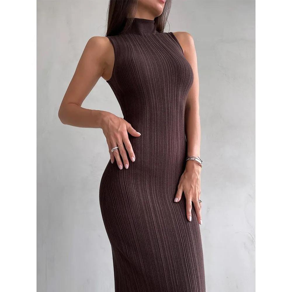 Knitted turtleneck sleeveless slim maxi dress