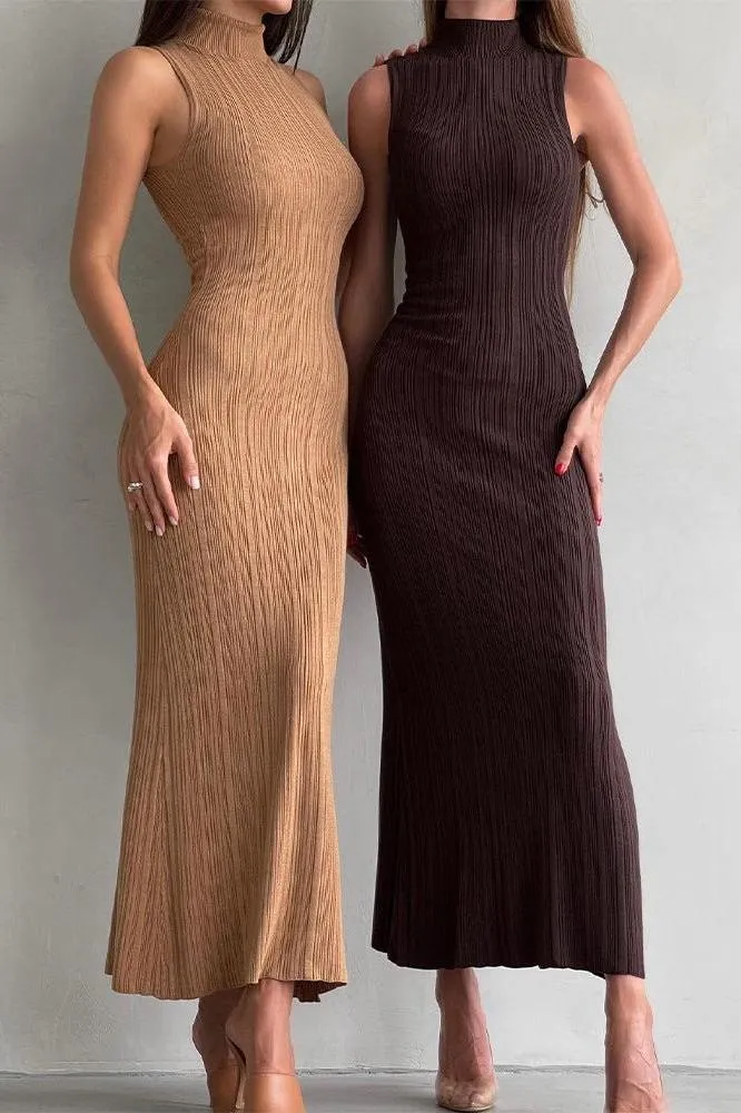 Knitted turtleneck sleeveless slim maxi dress