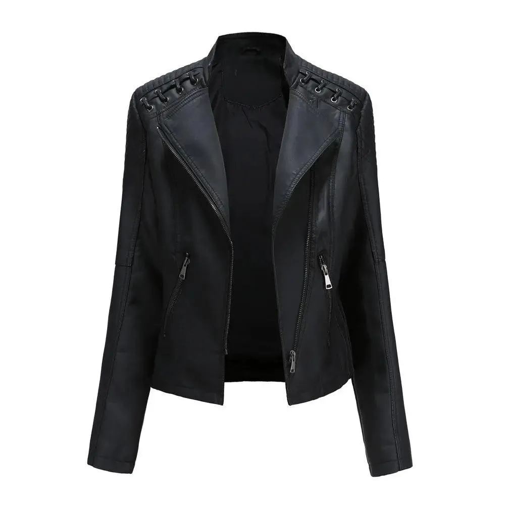 Lace-up Leather Zip-up Jacket