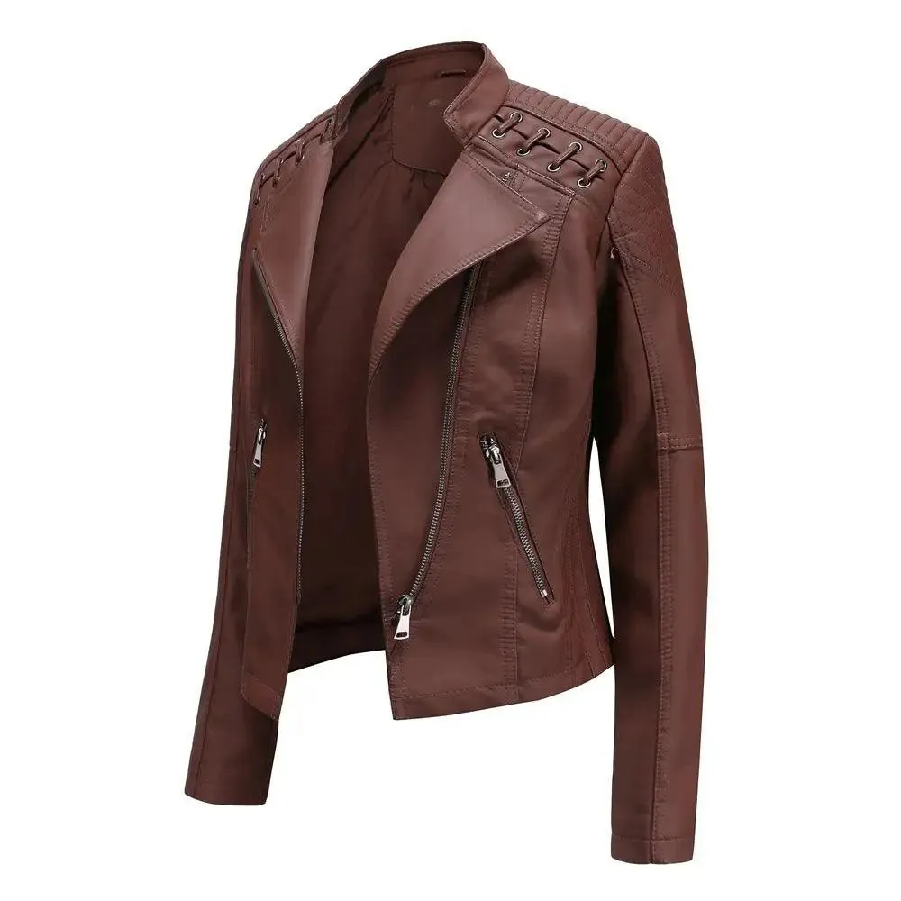 Lace-up Leather Zip-up Jacket