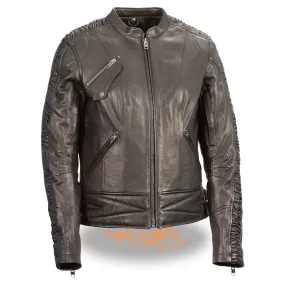 Ladies Lightweight Black Racer Jacket w/ Crinkled Arm Detailing