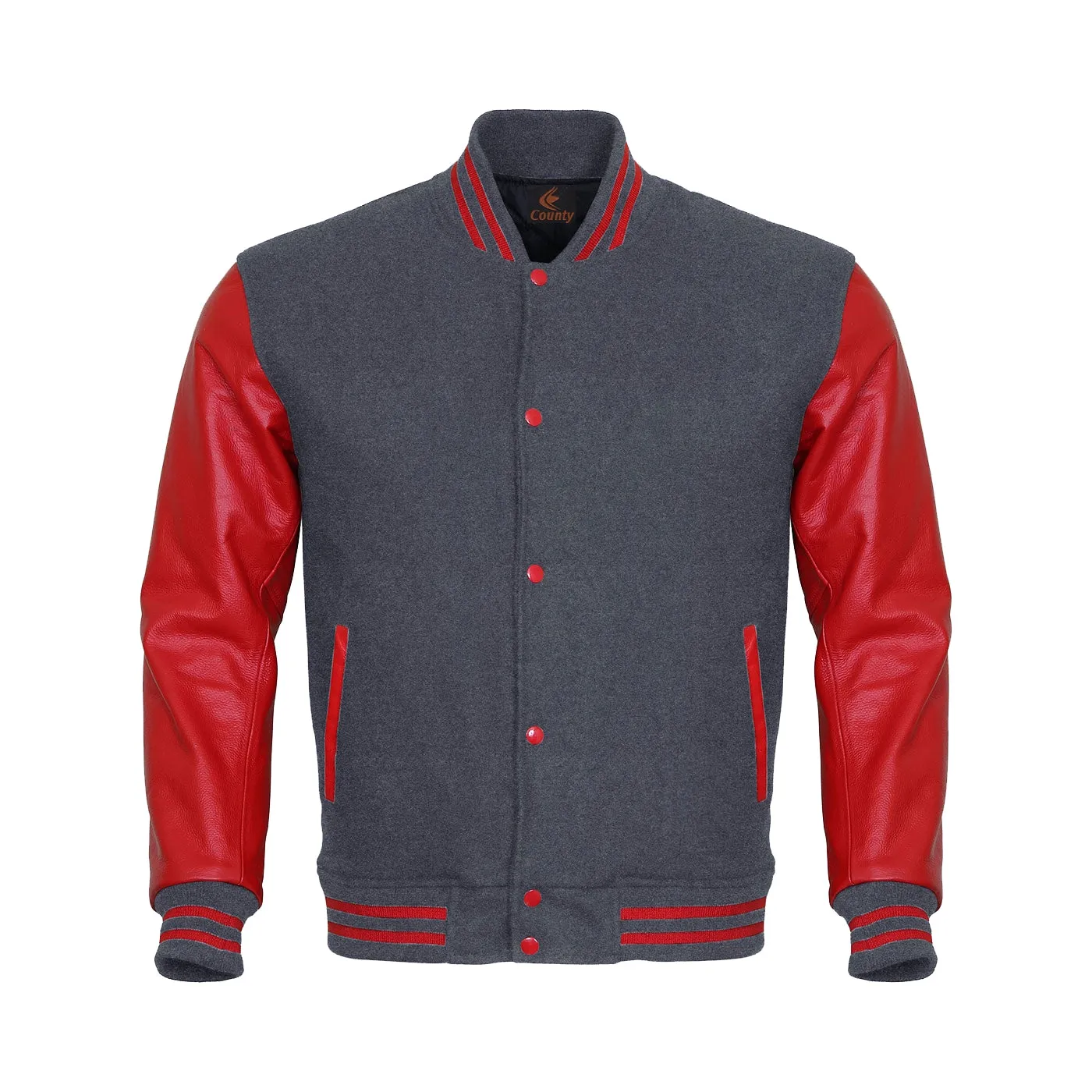 Ladies Varsity Jacket Gray Body and Red Leather Sleeves Varsity Jacket