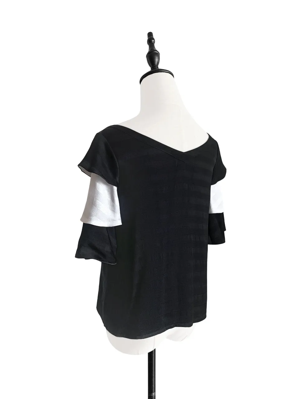 Last Chance! Black & White Tiered Sleeve Double V-neck Blouse