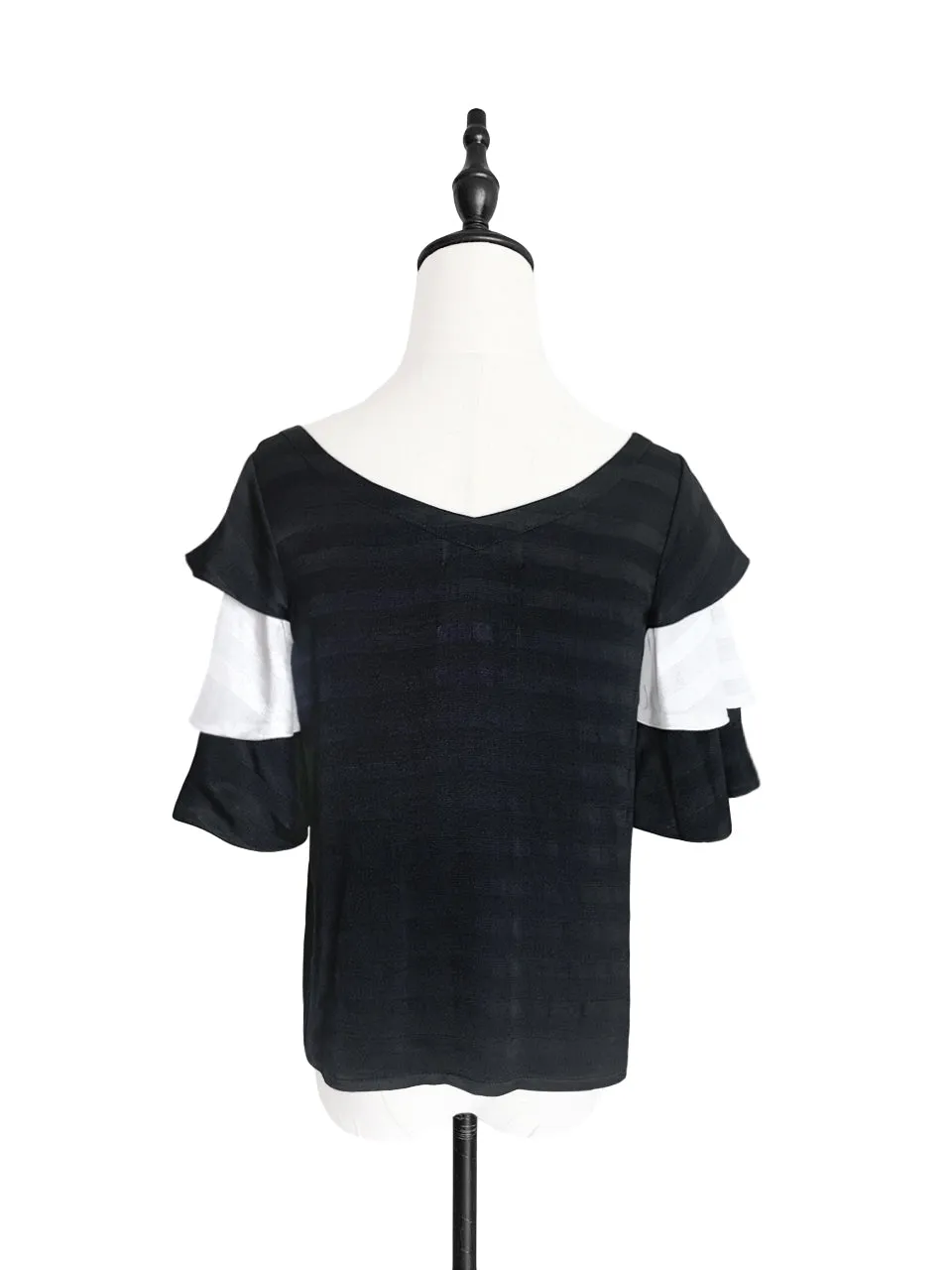 Last Chance! Black & White Tiered Sleeve Double V-neck Blouse