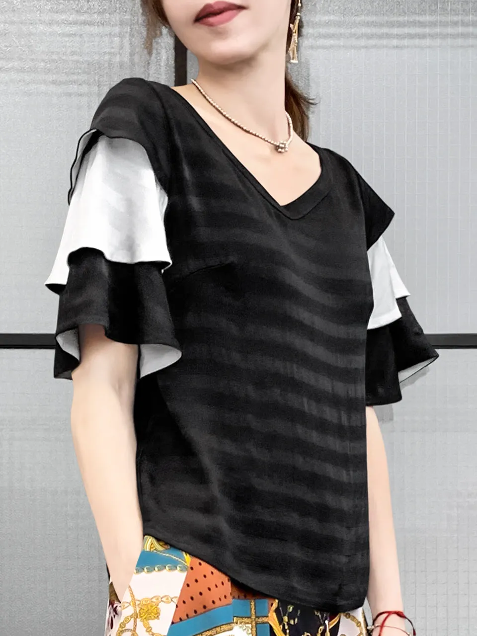 Last Chance! Black & White Tiered Sleeve Double V-neck Blouse