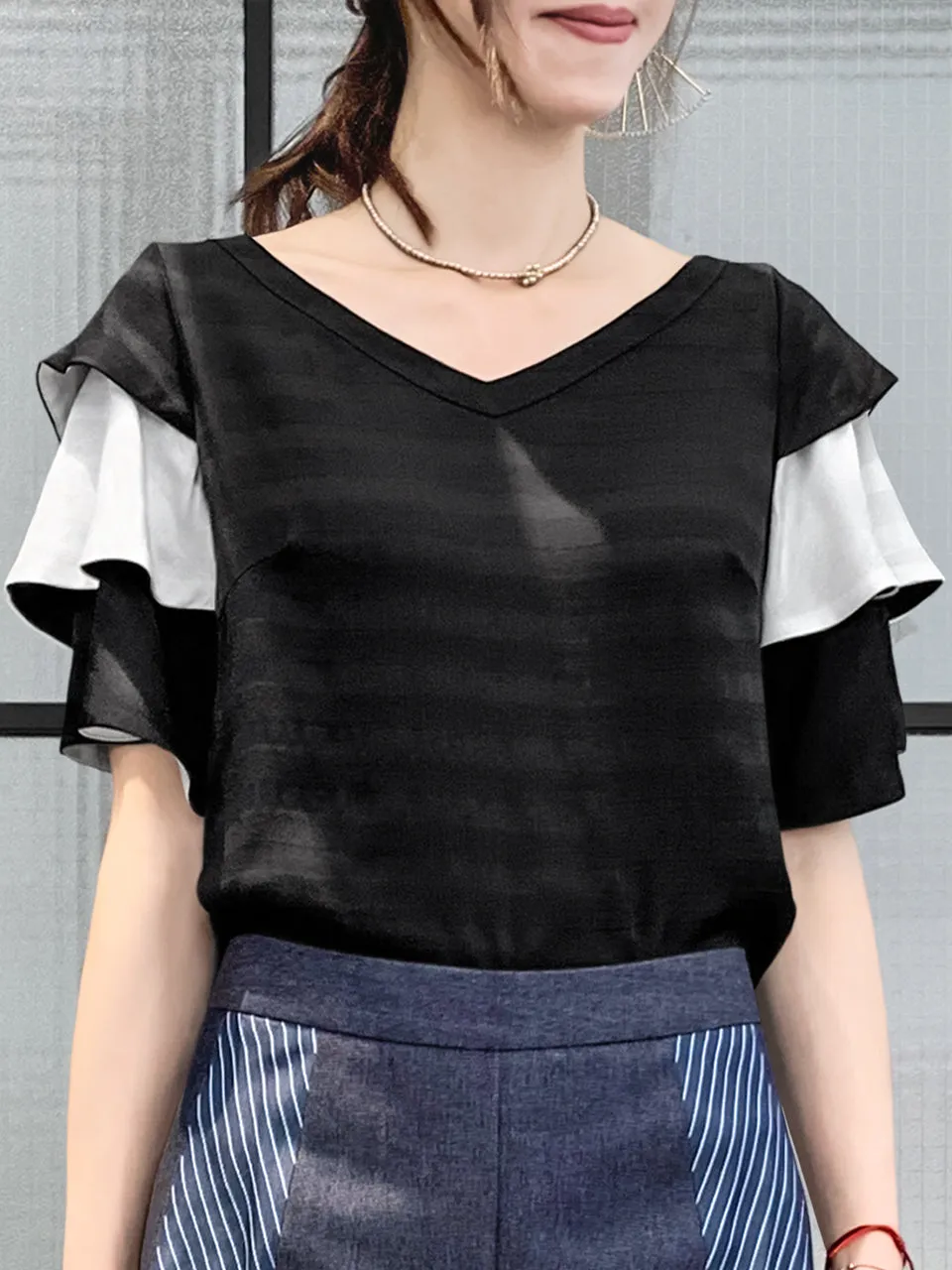 Last Chance! Black & White Tiered Sleeve Double V-neck Blouse