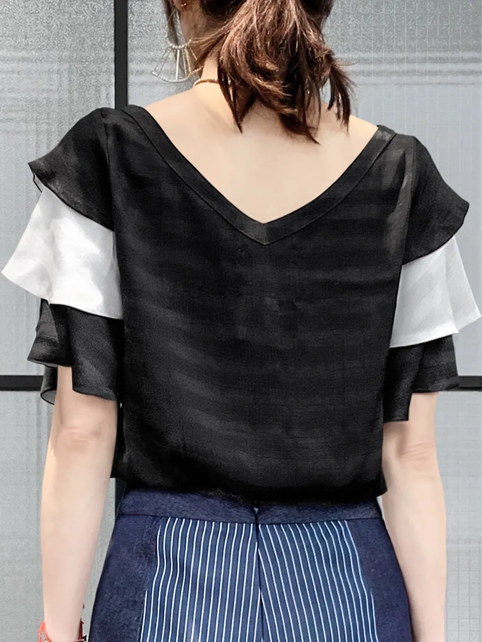 Last Chance! Black & White Tiered Sleeve Double V-neck Blouse