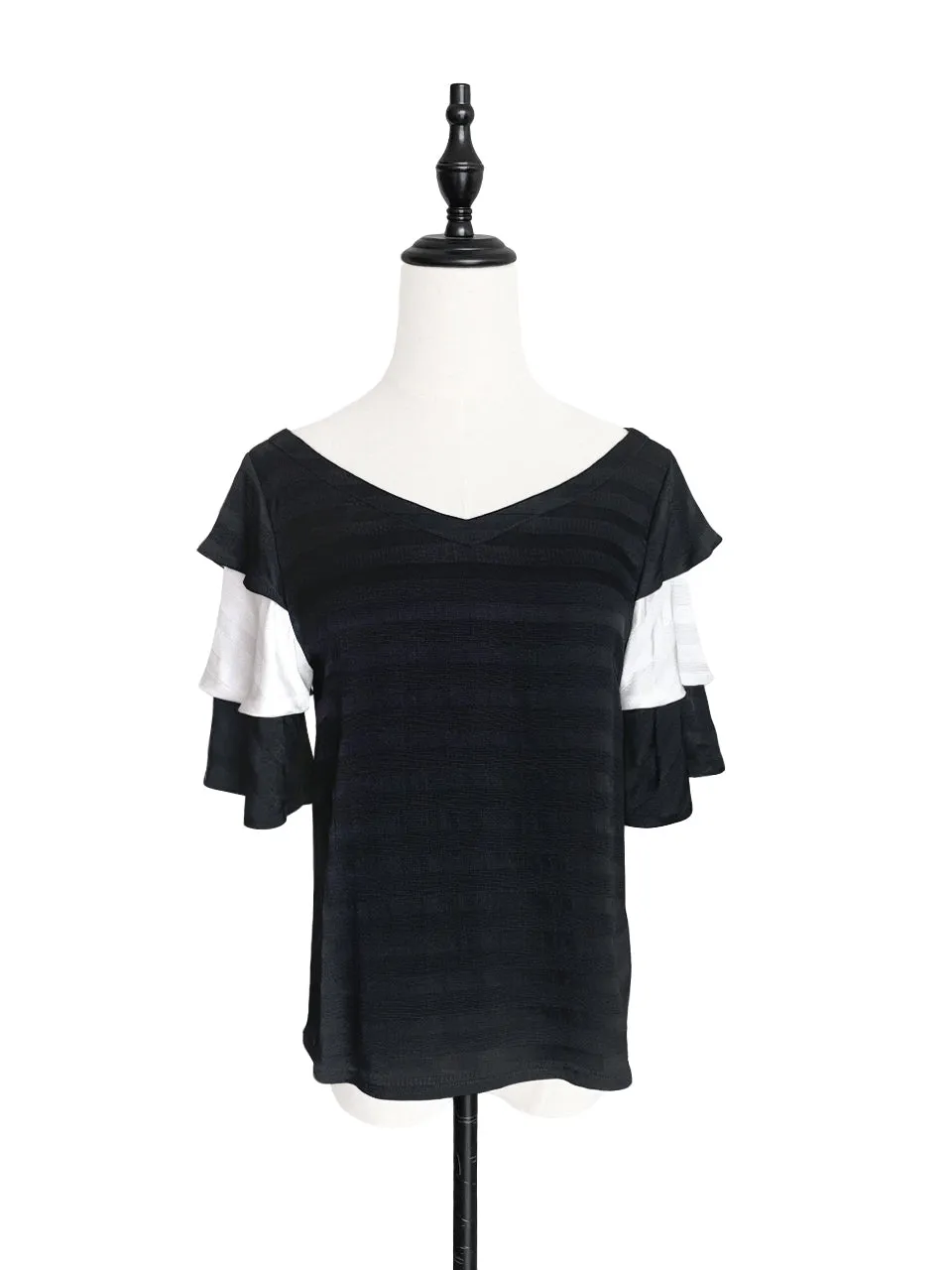 Last Chance! Black & White Tiered Sleeve Double V-neck Blouse