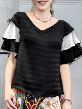 Last Chance! Black & White Tiered Sleeve Double V-neck Blouse