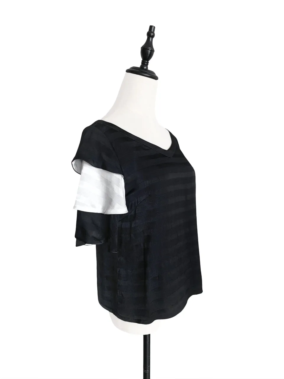 Last Chance! Black & White Tiered Sleeve Double V-neck Blouse