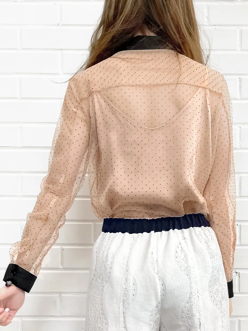 Last Chance! Mesh Polka Dot Contrast Detail Blouse (With Camisole Lining)