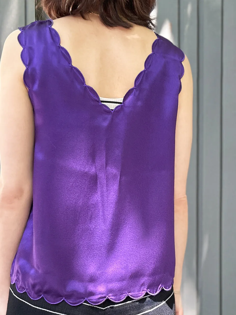 Last Chance! Midnight Purple V-Neck Scalloped Fluid Silk Tank