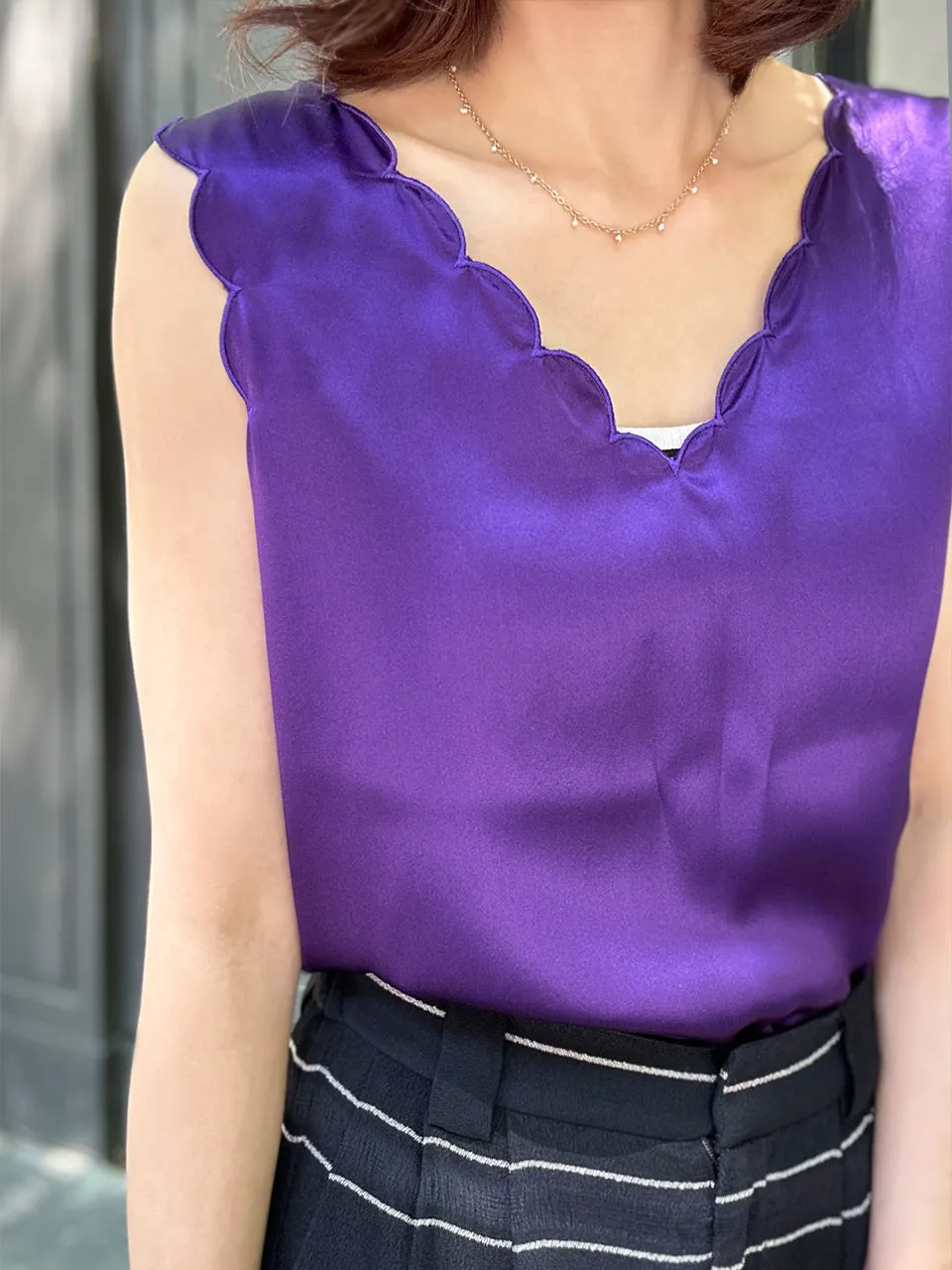 Last Chance! Midnight Purple V-Neck Scalloped Fluid Silk Tank