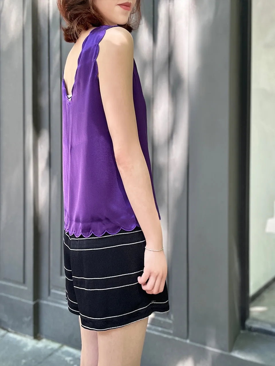 Last Chance! Midnight Purple V-Neck Scalloped Fluid Silk Tank