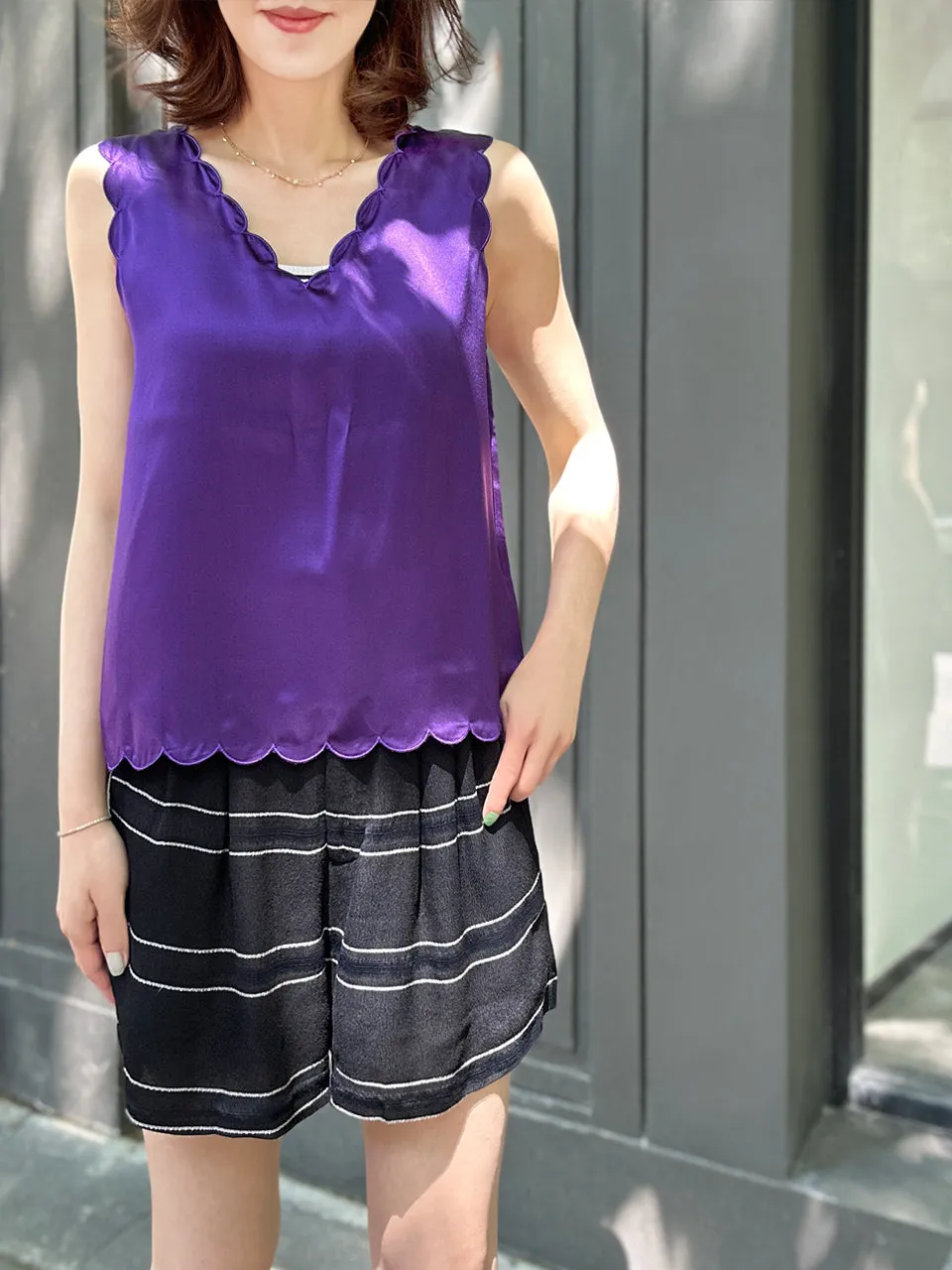 Last Chance! Midnight Purple V-Neck Scalloped Fluid Silk Tank