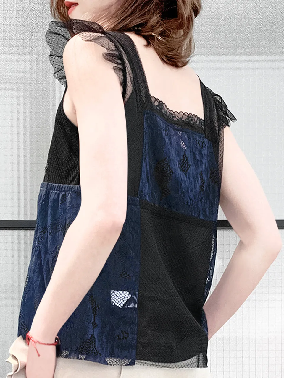 Last Chance! Mixed Media Lace Flutter Sleeve Top with Camisole Liner