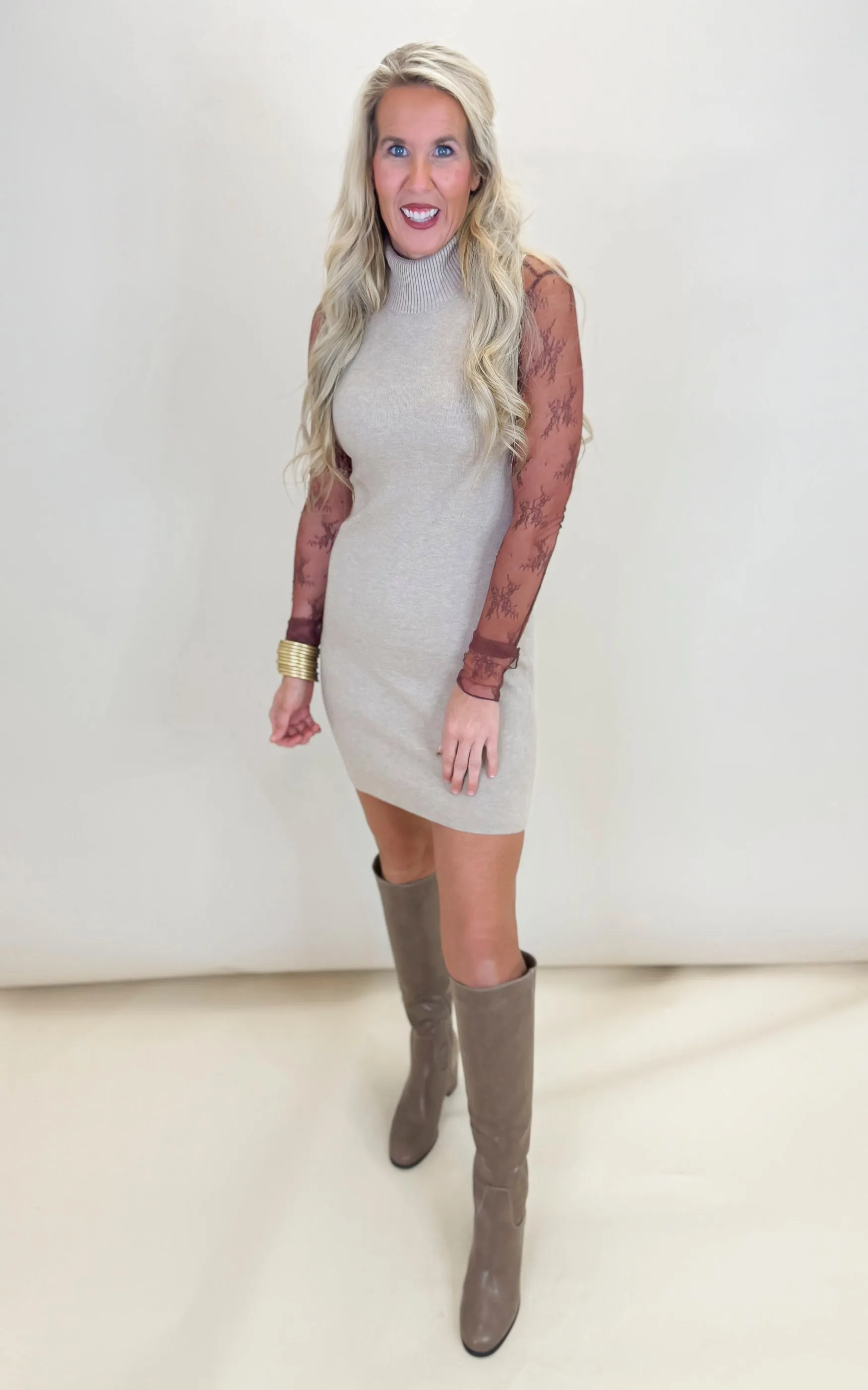 Latte Sleeveless Turtleneck Sweater Dress