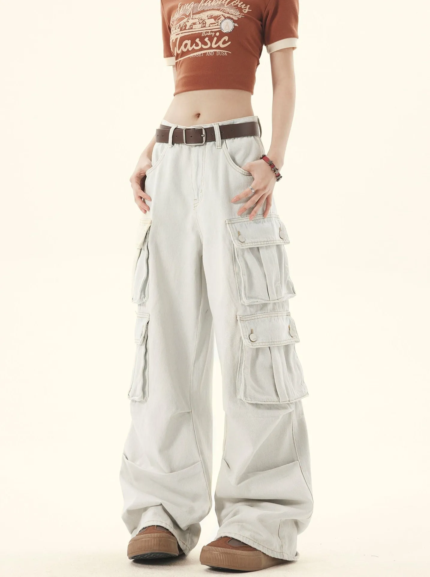 Light-Washed Denim Wide-leg Cargo Pants