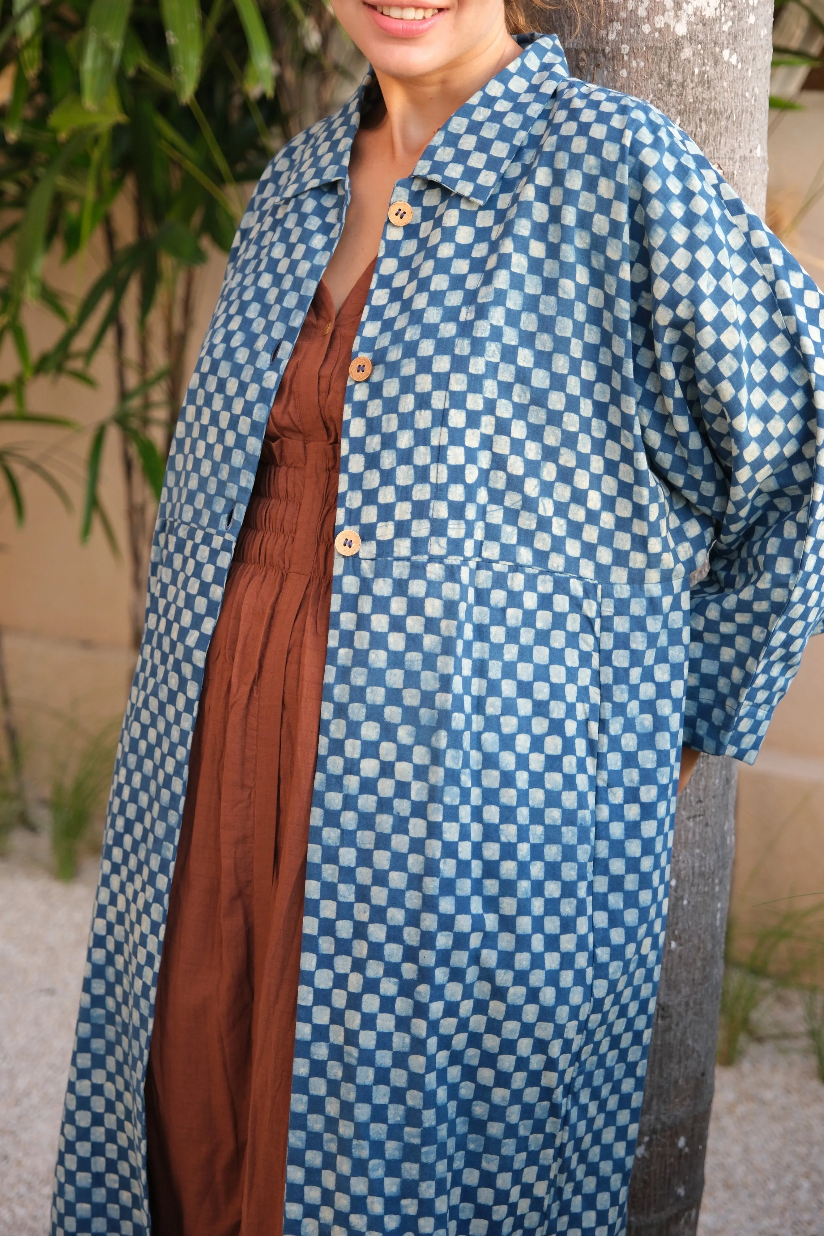 Lightweight Indigo Checkered Duster Jacket