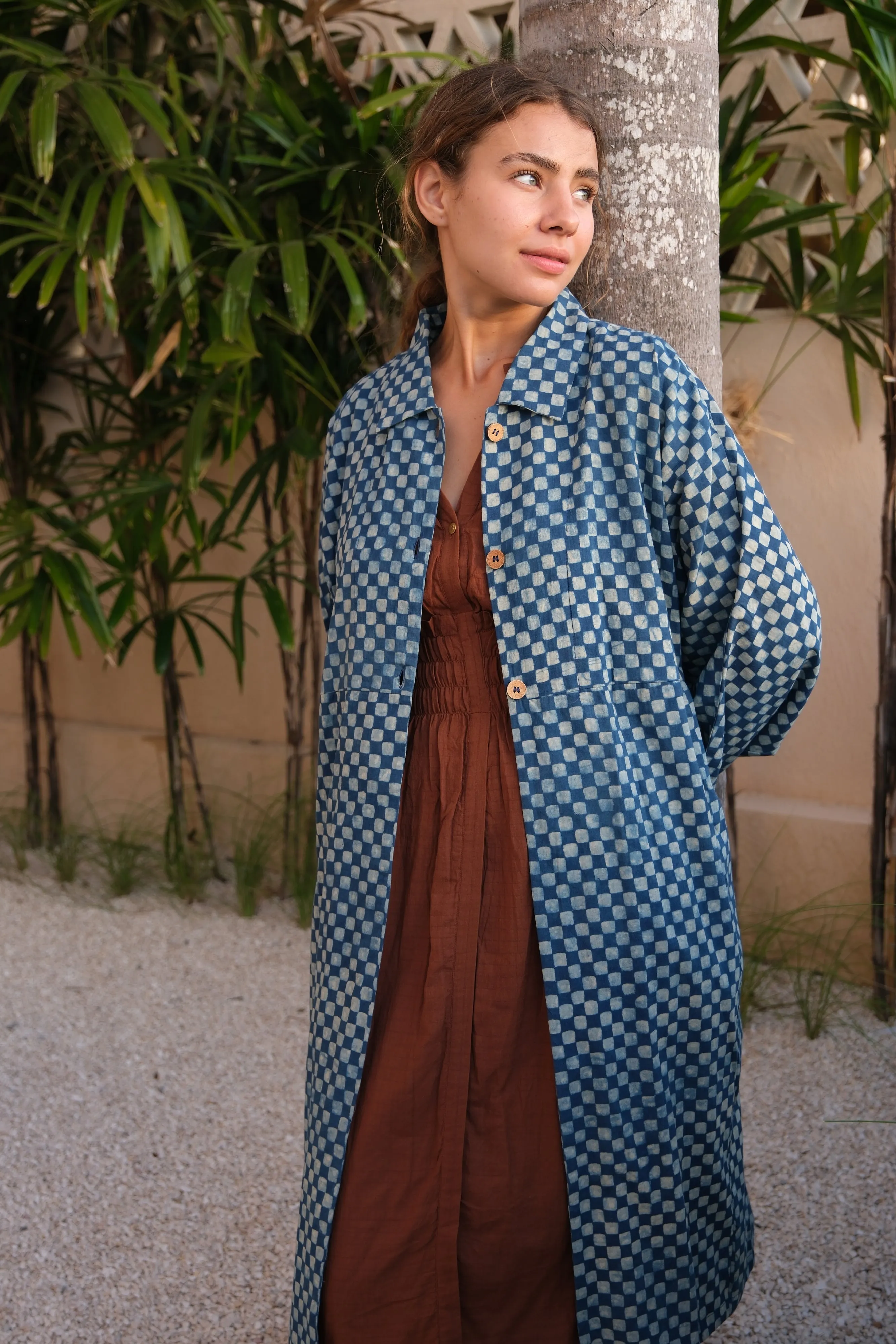 Lightweight Indigo Checkered Duster Jacket