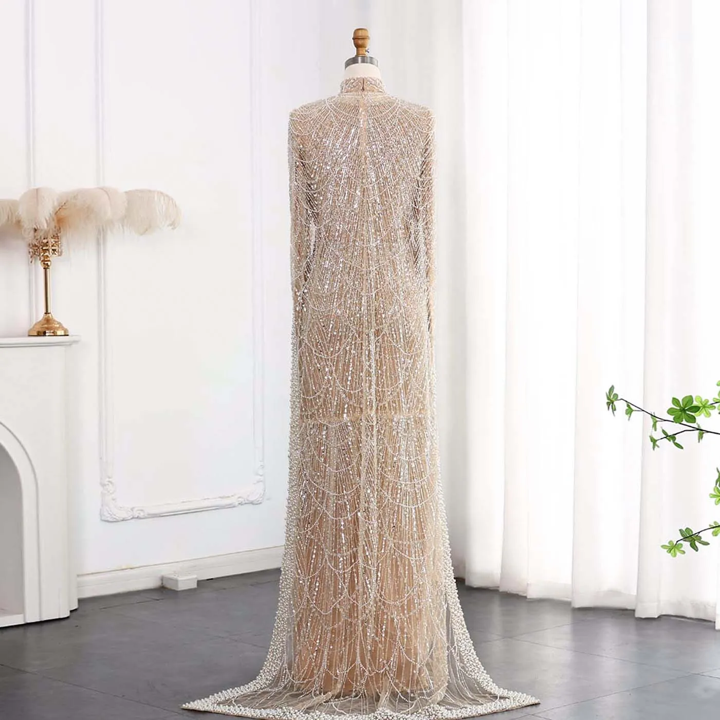 Luxury Long Sleeves Nude Evening Dress with Cape SS369A