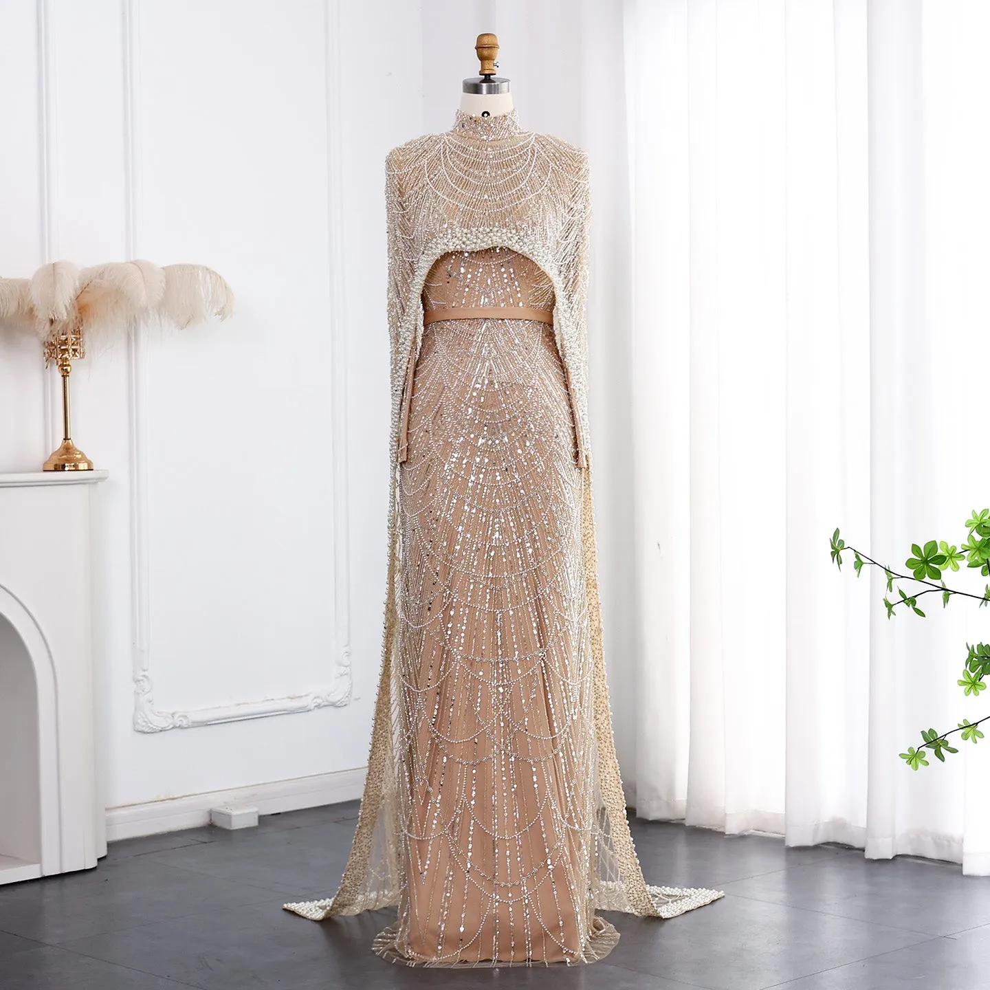 Luxury Long Sleeves Nude Evening Dress with Cape SS369A