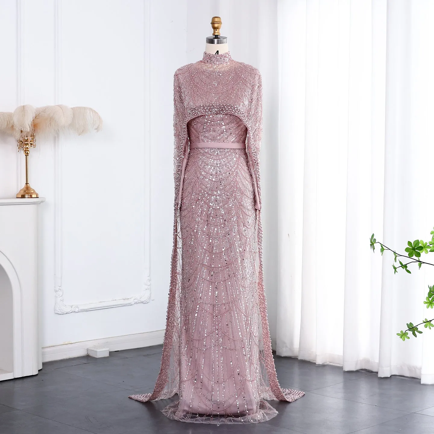 Luxury Long Sleeves Nude Evening Dress with Cape SS369A