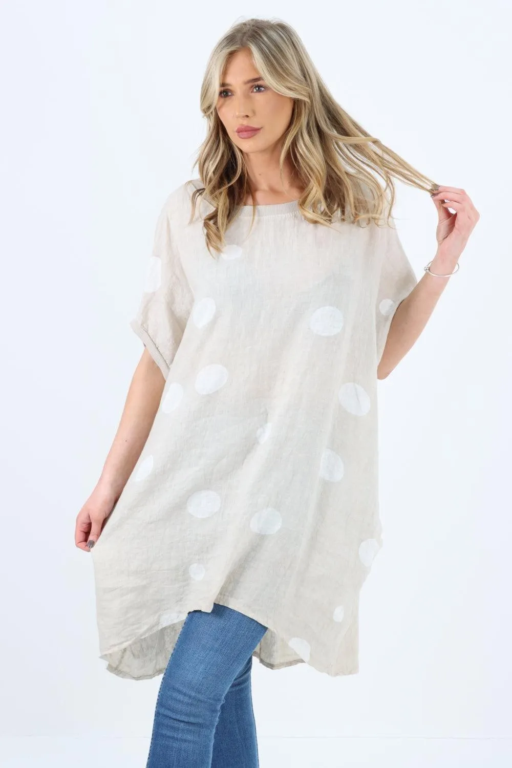 Made In Italy Linen Polka Dot Tunic Top